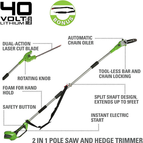 40V 8" Pole Saw with Hedge Trimmer Attachment (Tool Only)
