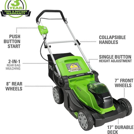 Greenworks 40V 17-Inch Lawn Mower, Battery and Charger Not Included (Tool Only)