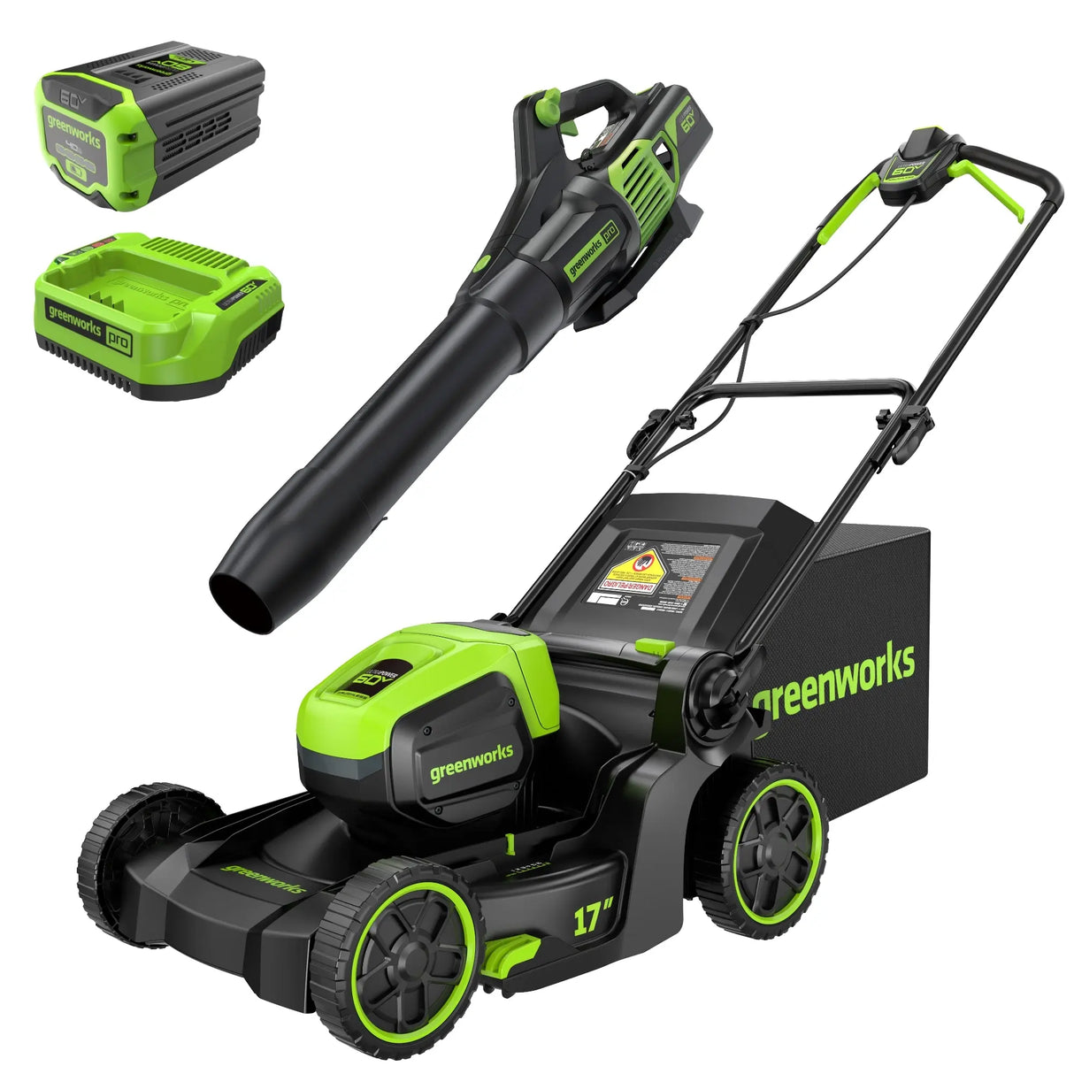 60V 17" Brushless Mower & 610 CFM Brushless Blower Combo Kit, 4.0Ah Battery and Charger Included
