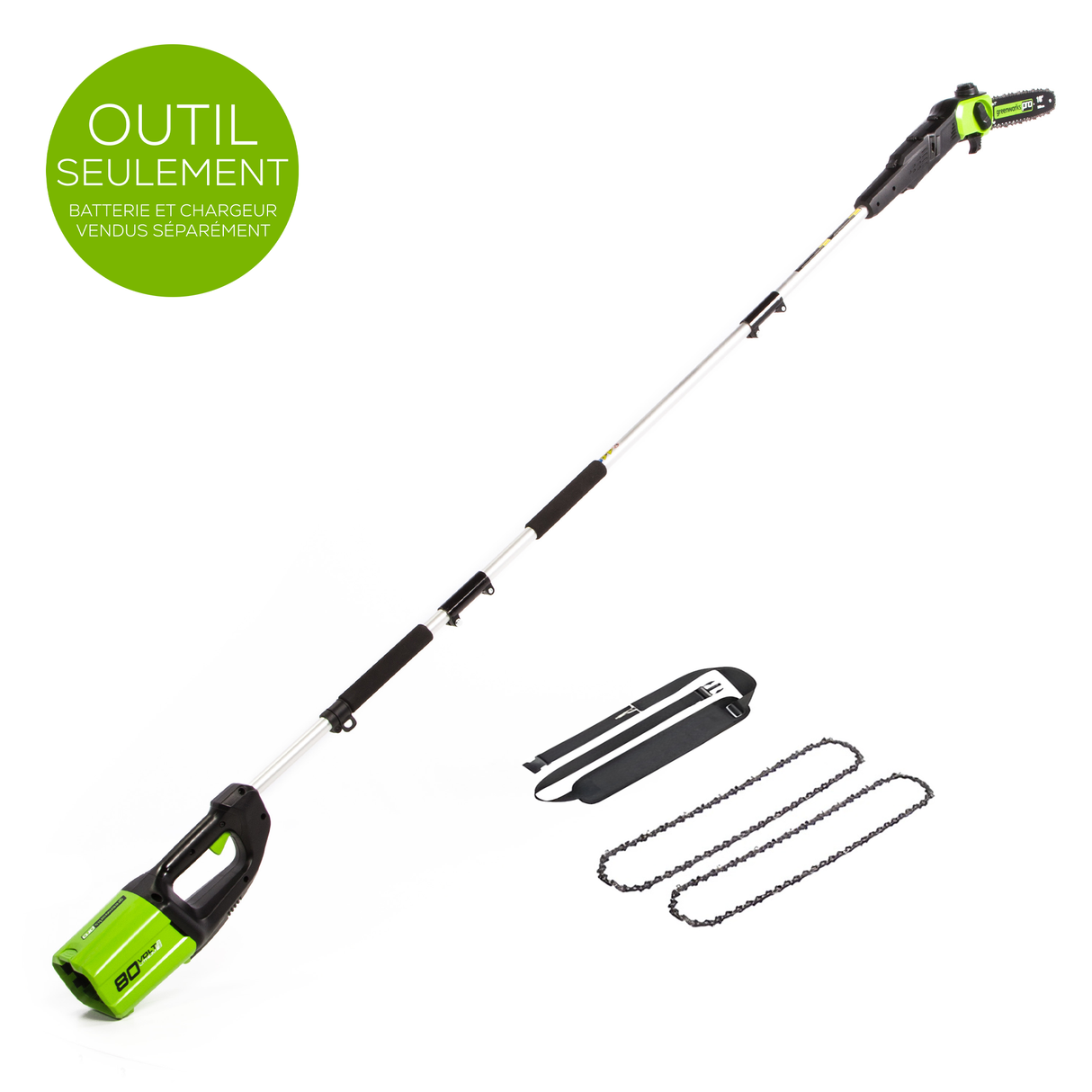 Greenworks 80V 10" Pole Saw with (2) Extra Chains and Shoulder Strap (Tool Only)