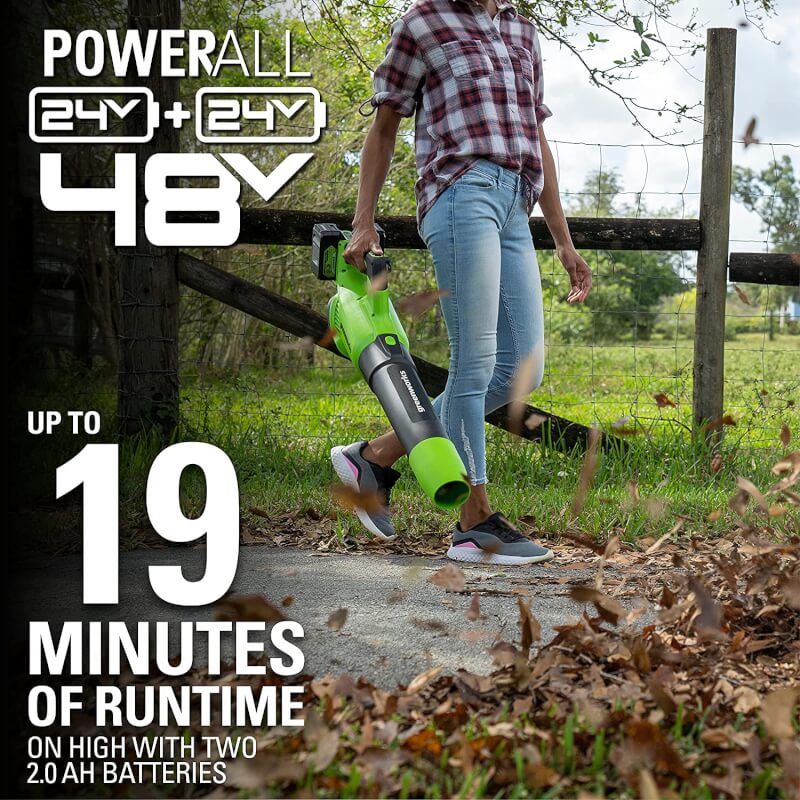 Souffleur à feuilles 48 V (24 V x 2), 515 CFM - 125 MPH, (2) batteries USB 2,0 Ah et chargeur double port 4 A inclus