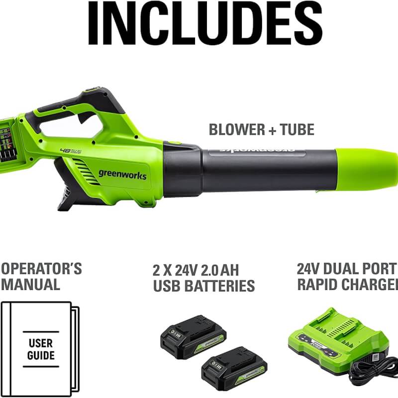 Souffleur à feuilles 48 V (24 V x 2), 515 CFM - 125 MPH, (2) batteries USB 2,0 Ah et chargeur double port 4 A inclus