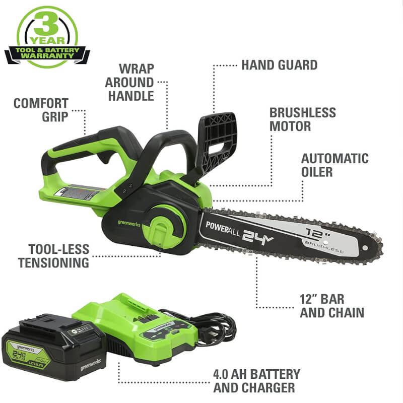 Scie à chaîne sans balais 24 V 12 pouces, batterie USB 4,0 Ah et chargeur inclus – CS24L410