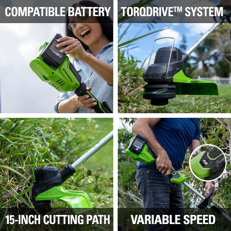 48V (2 x 24V) 15" TORQDRIVE Cordless String Trimmer, (2) 2.0Ah USB Batteries and Dual Port Charger Included