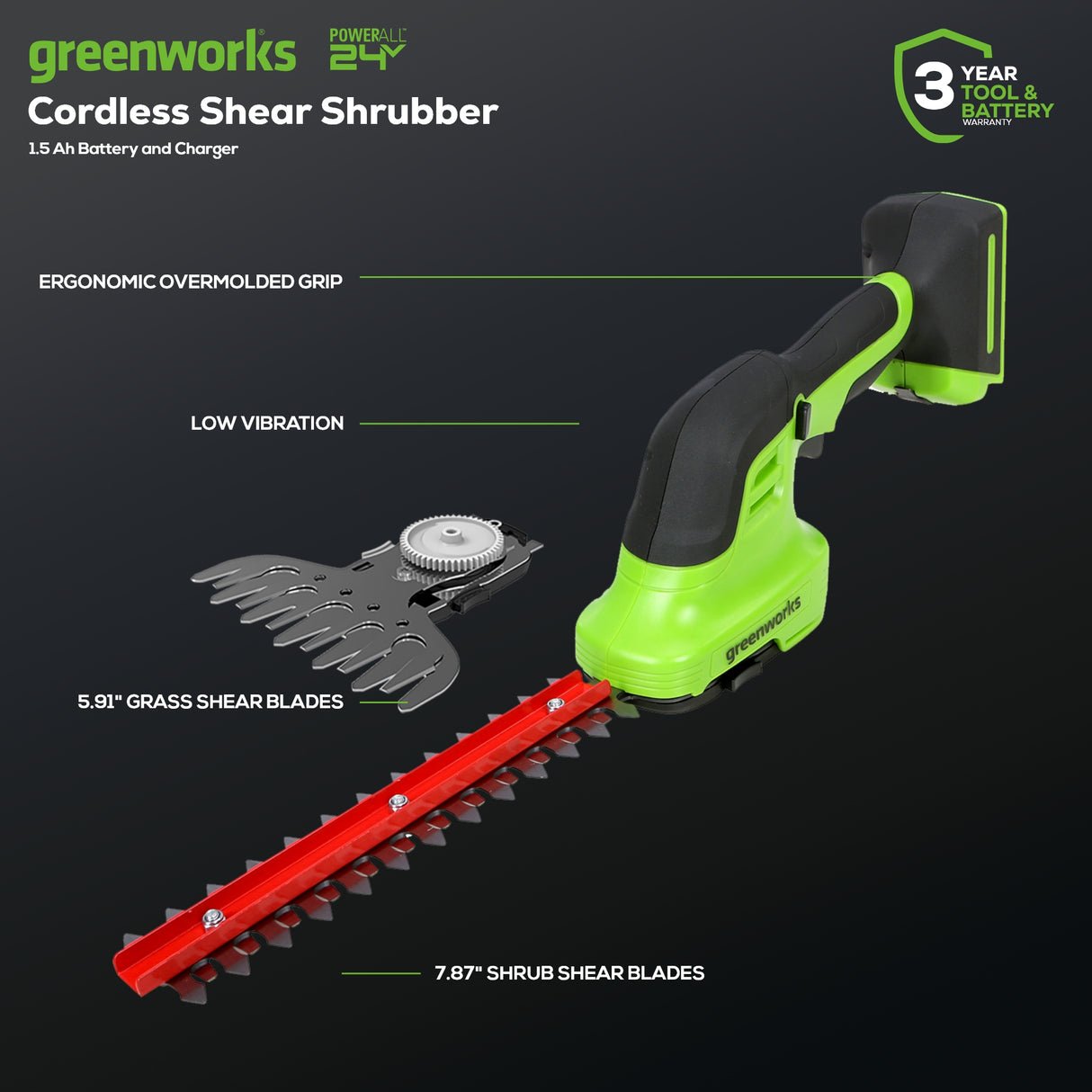 24V Shear Shrubber, 1.5Ah USB Battery and Charger Included