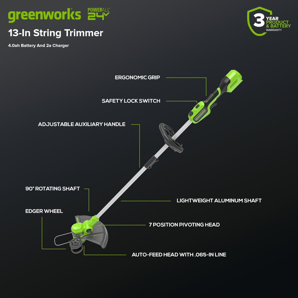 24V 13" Cordless Battery String Trimmer, 4.0Ah Battery and Charger Included