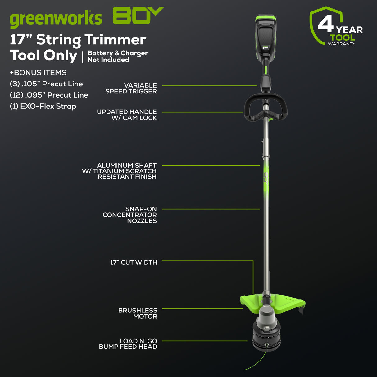 80V 17" Brushless String Trimmer (Tool Only) BONUS: Shoulder Strap and Extra Line