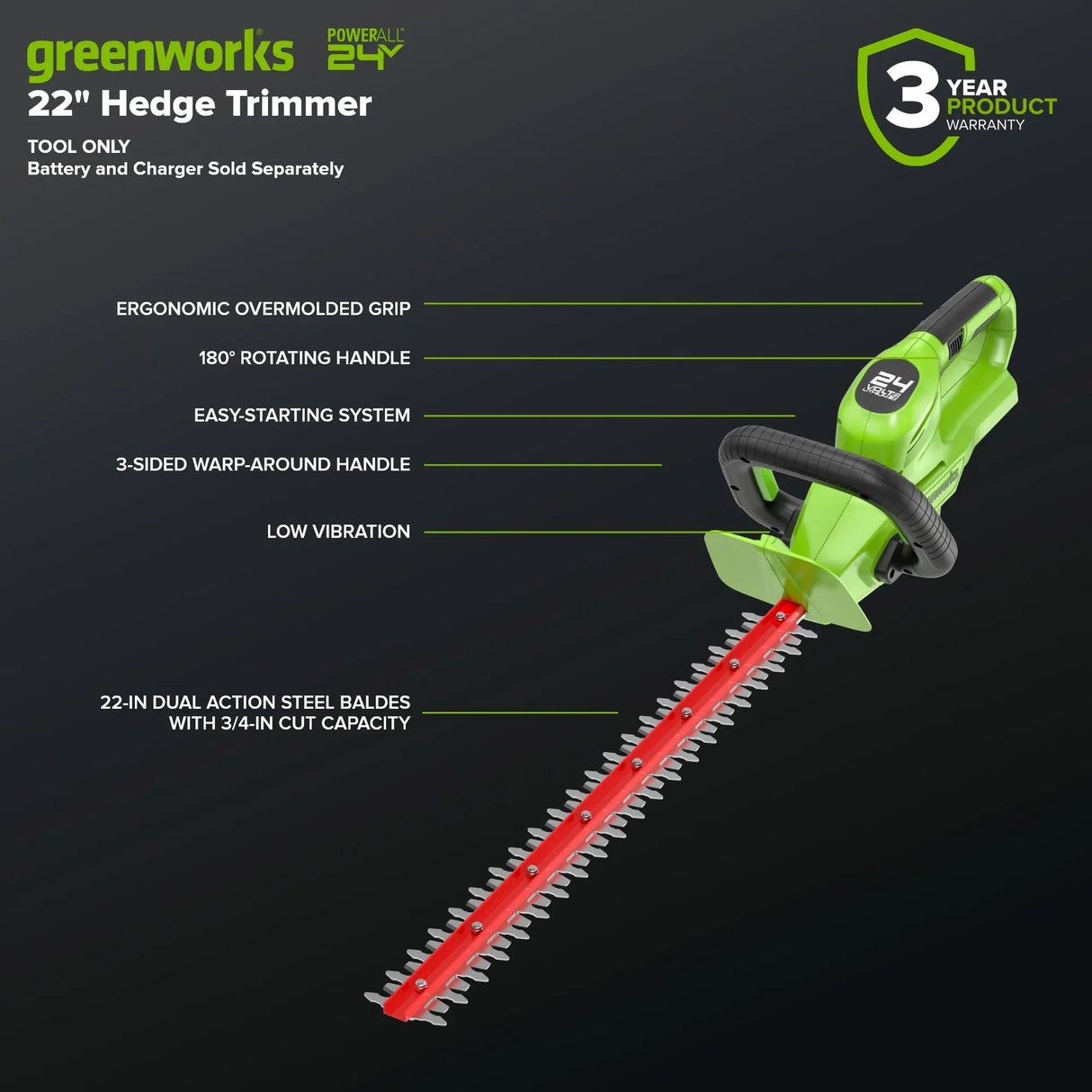 24V 22" Laser Cut Hedge Trimmer (Tool Only)
