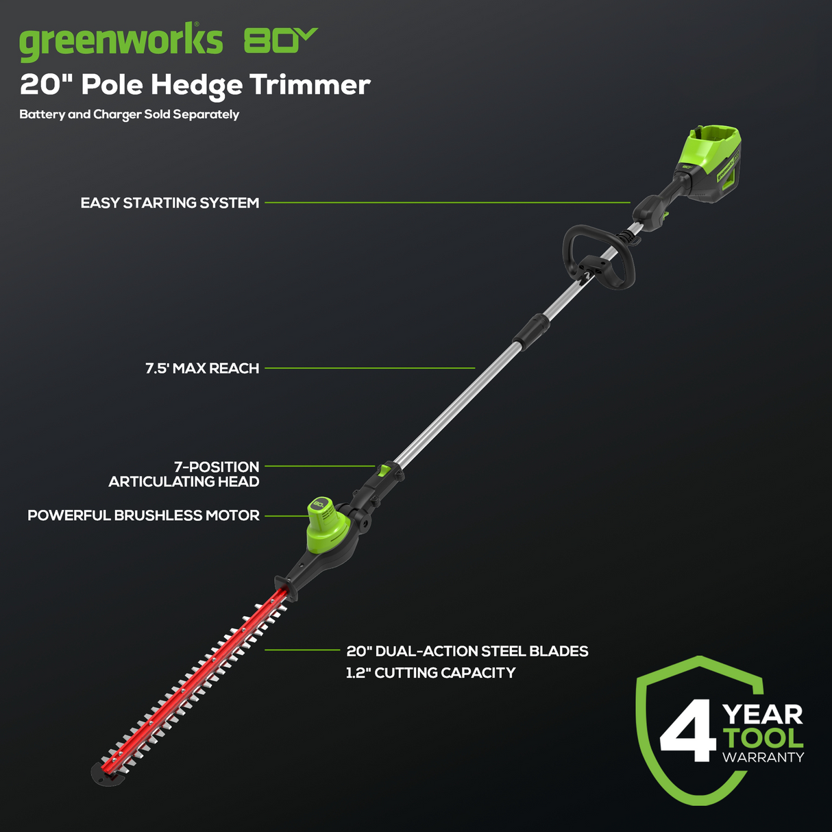 Taille-haie à perche 80 V, 20 pouces (Outil seulement)