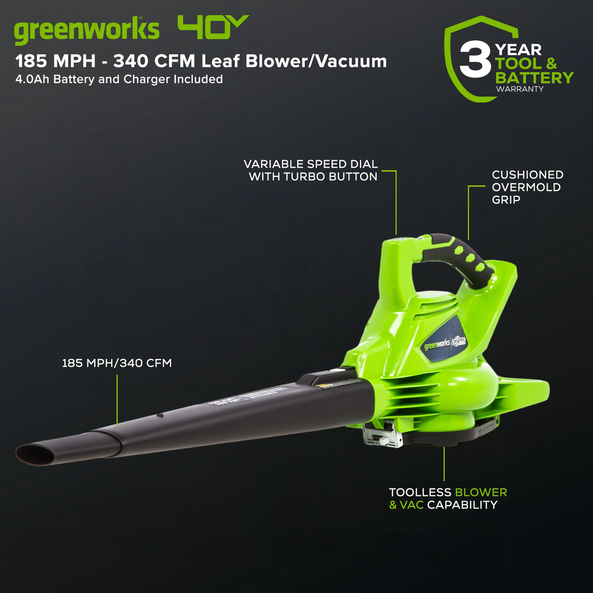 Souffleur/Aspirateur à feuilles sans balais 40 V, 185 MPH – 340 CFM (pi³/min), batterie 4,0 Ah et chargeur inclus – 24222
