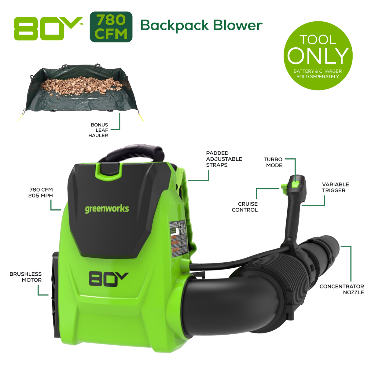 80V 780 CFM Brushless Cordless Backpack Blower with Leaf Hauler, Tool Only