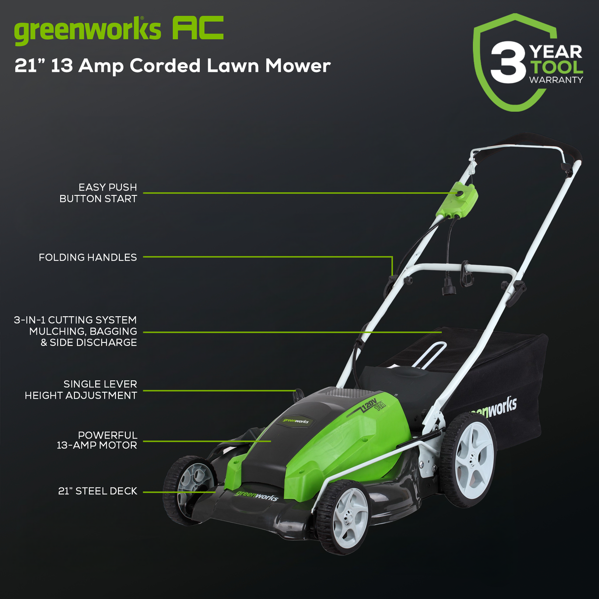 13 Amp Electric Lawn Mower - 21" Corded Push Mower