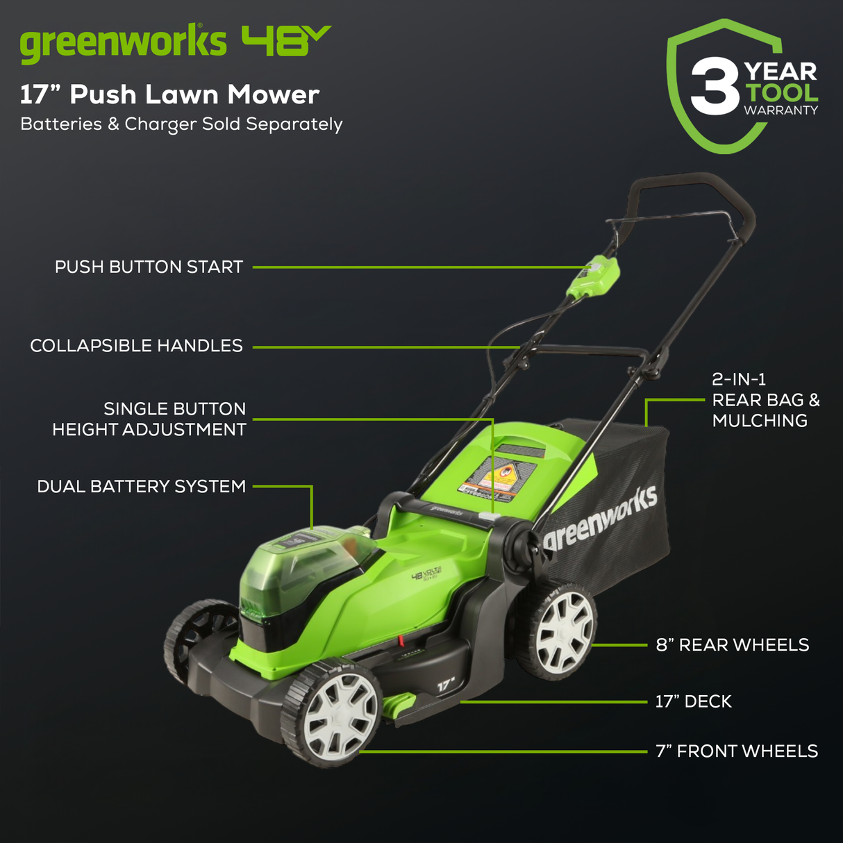 Greenworks 40V 17" Push Lawn Mower (Tool Only)