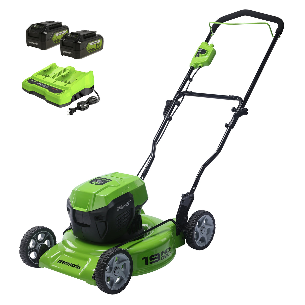 48V (24V x 2) 19" Brushless Push Lawn Mower, (2) 24V 4.0Ah Batteries and Charger Included