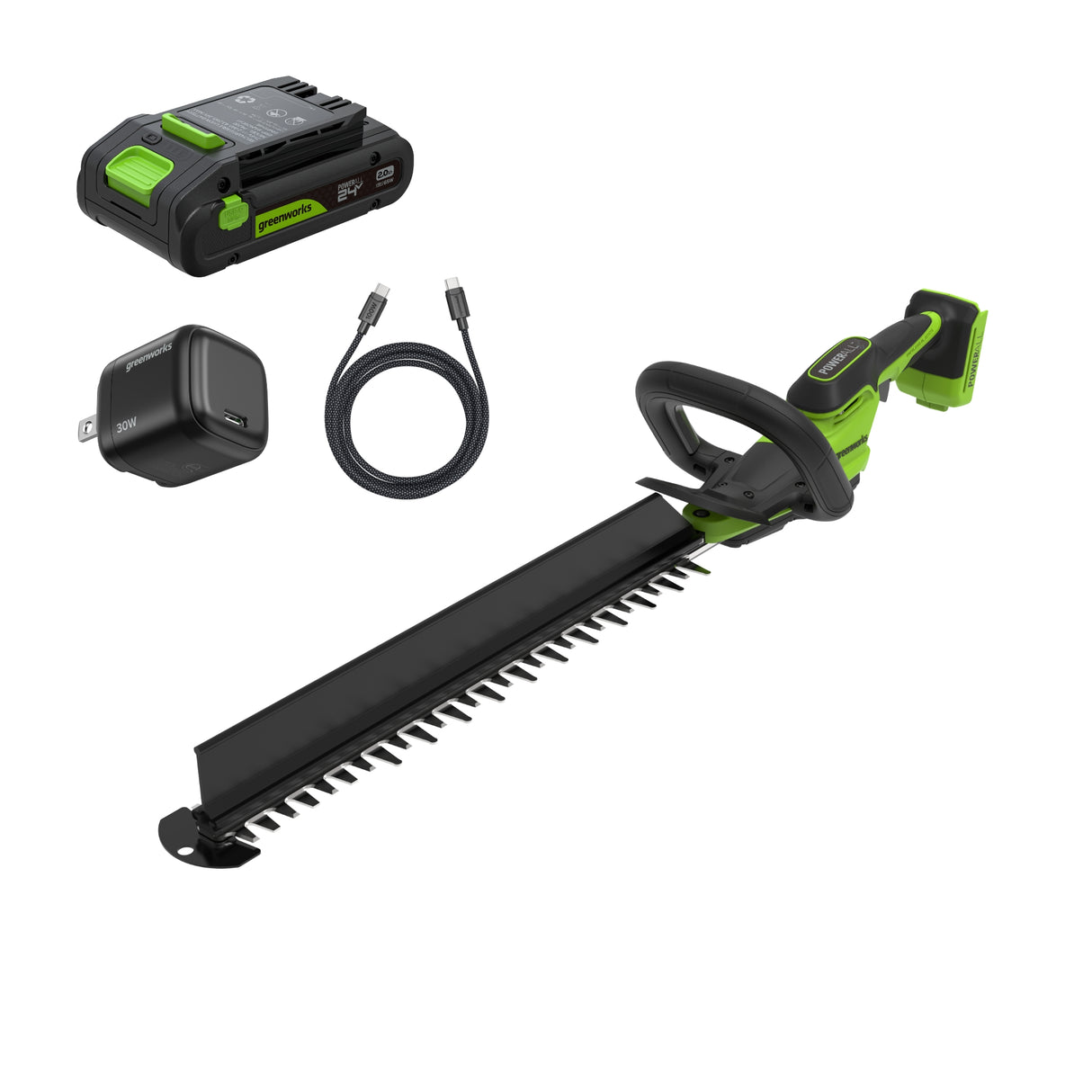 24V 20" Brushless Hedge Trimmer, 2.0Ah Battery and 30W Charger Included