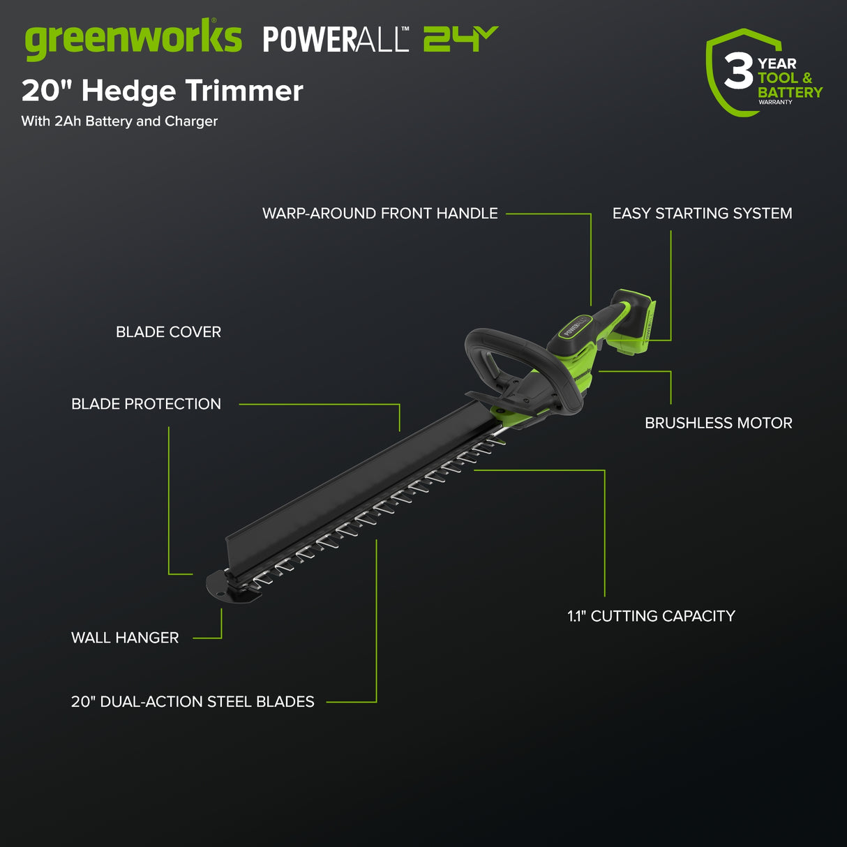 24V 20" Brushless Hedge Trimmer, 2.0Ah Battery and 30W Charger Included