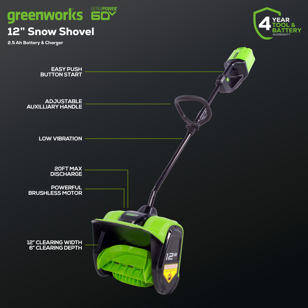 Pelle à neige 60 V, 12 pouces, batterie 2,5 Ah et chargeur inclus