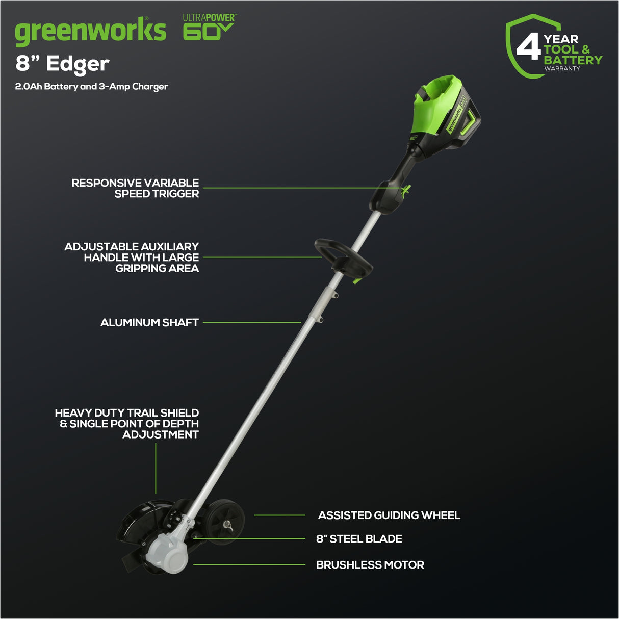 60V 8" Brushless Cordless Edger, 2.0Ah Battery and Charger Included