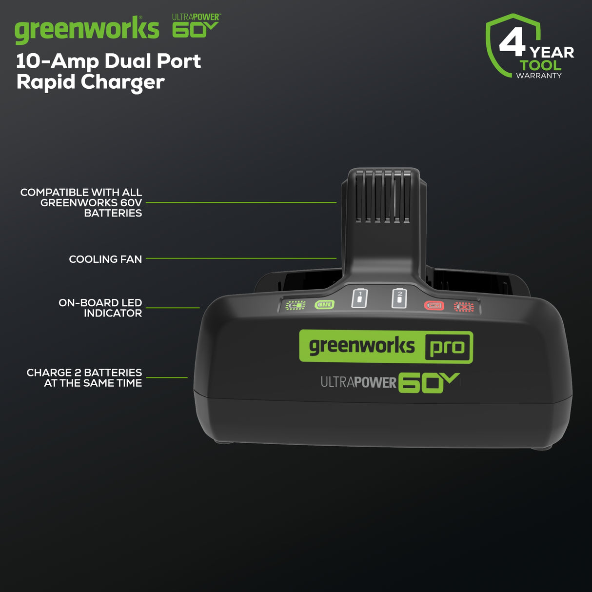 Chargeur de batterie UltraPower à double port 60 V, 10 A