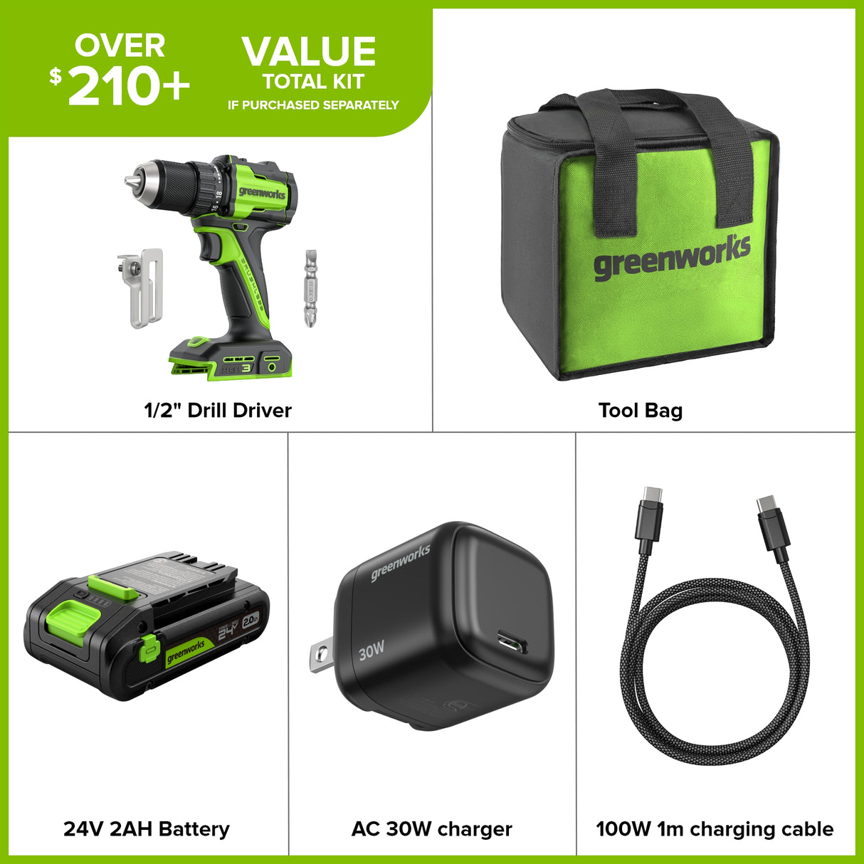 24V Cordless Battery 1/2" 400 in/lbs. Drill Driver – 2.0Ah USB-C Battery & 30W USB-C Fast Charger Included
