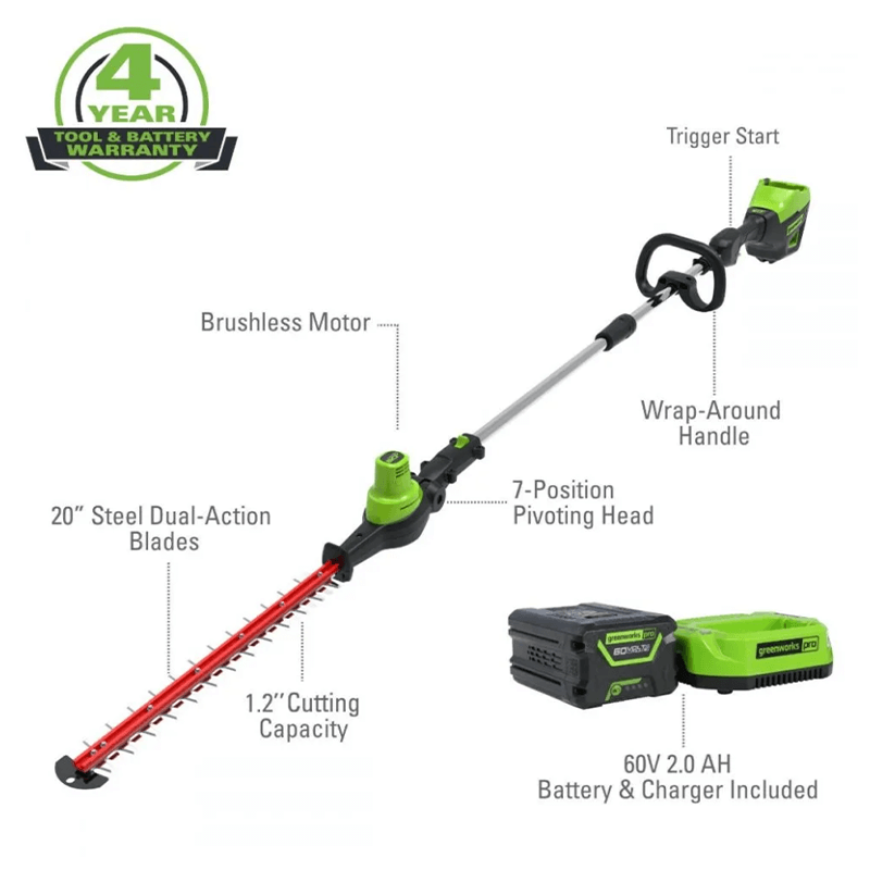 60V 20" Pole Hedge Trimmer, 2.0Ah Battery and Charger Included