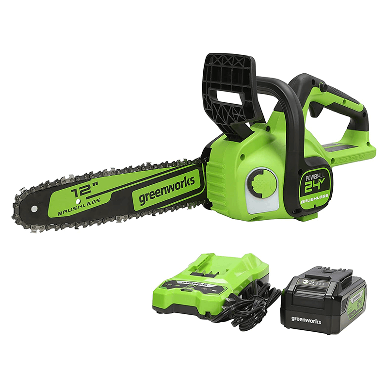 Scie à chaîne sans balais 24 V 12 pouces, batterie USB 4,0 Ah et chargeur inclus – CS24L410