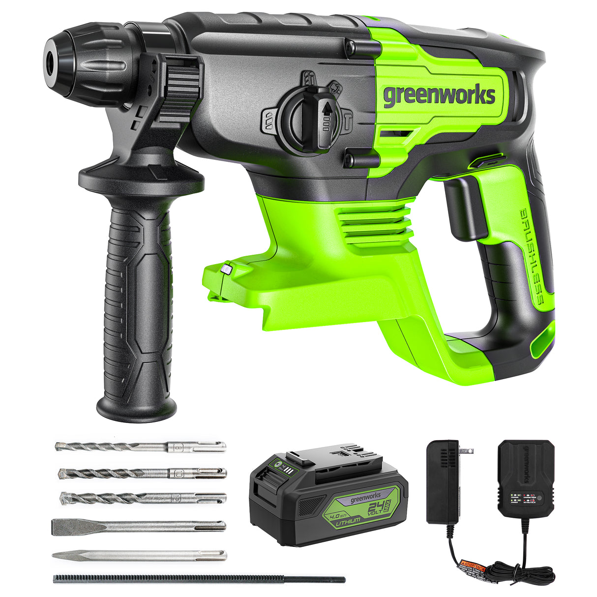 24V Rotary Hammer, 4.0Ah USB Battery and 2A Charger Included