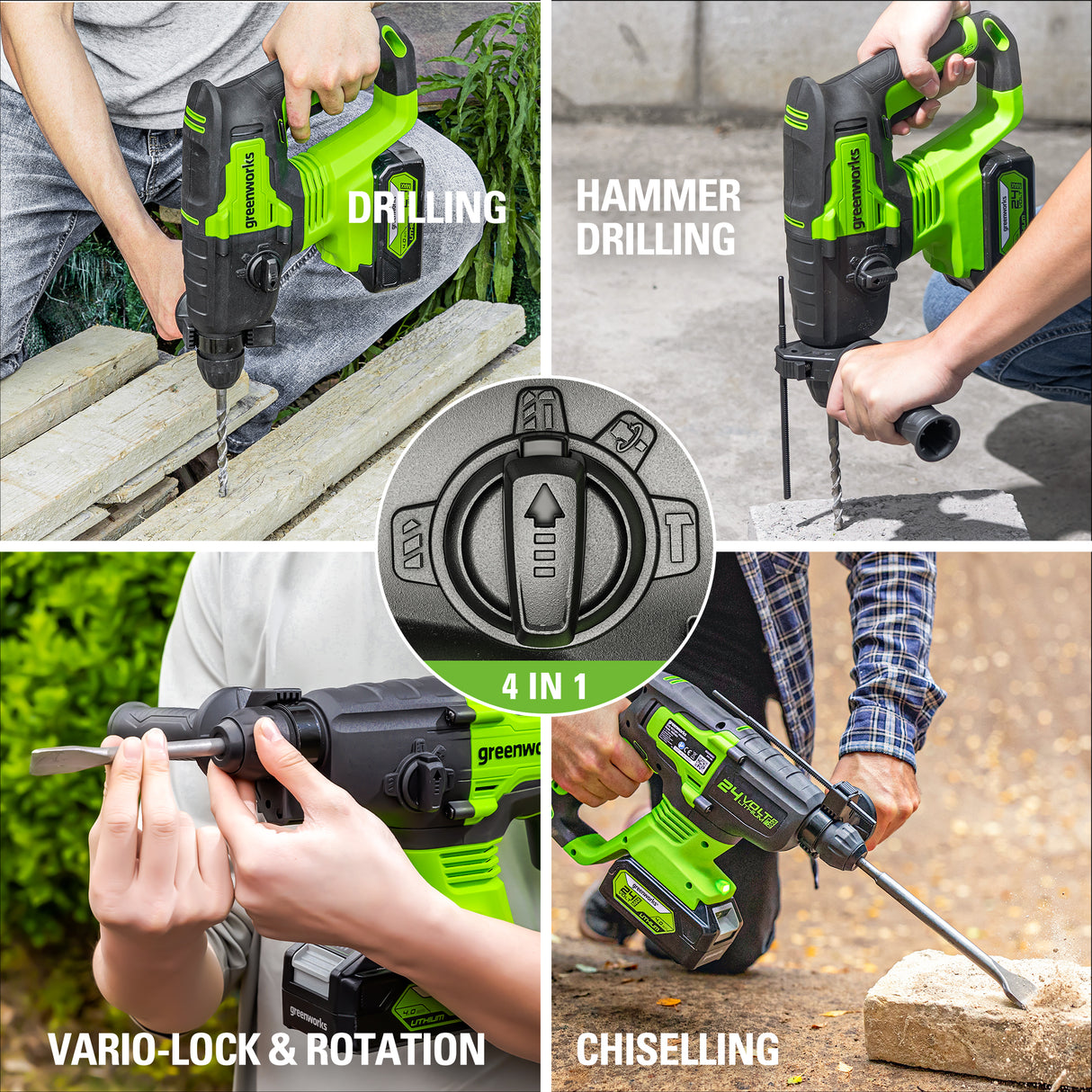 24V Rotary Hammer, 4.0Ah USB Battery and 2A Charger Included