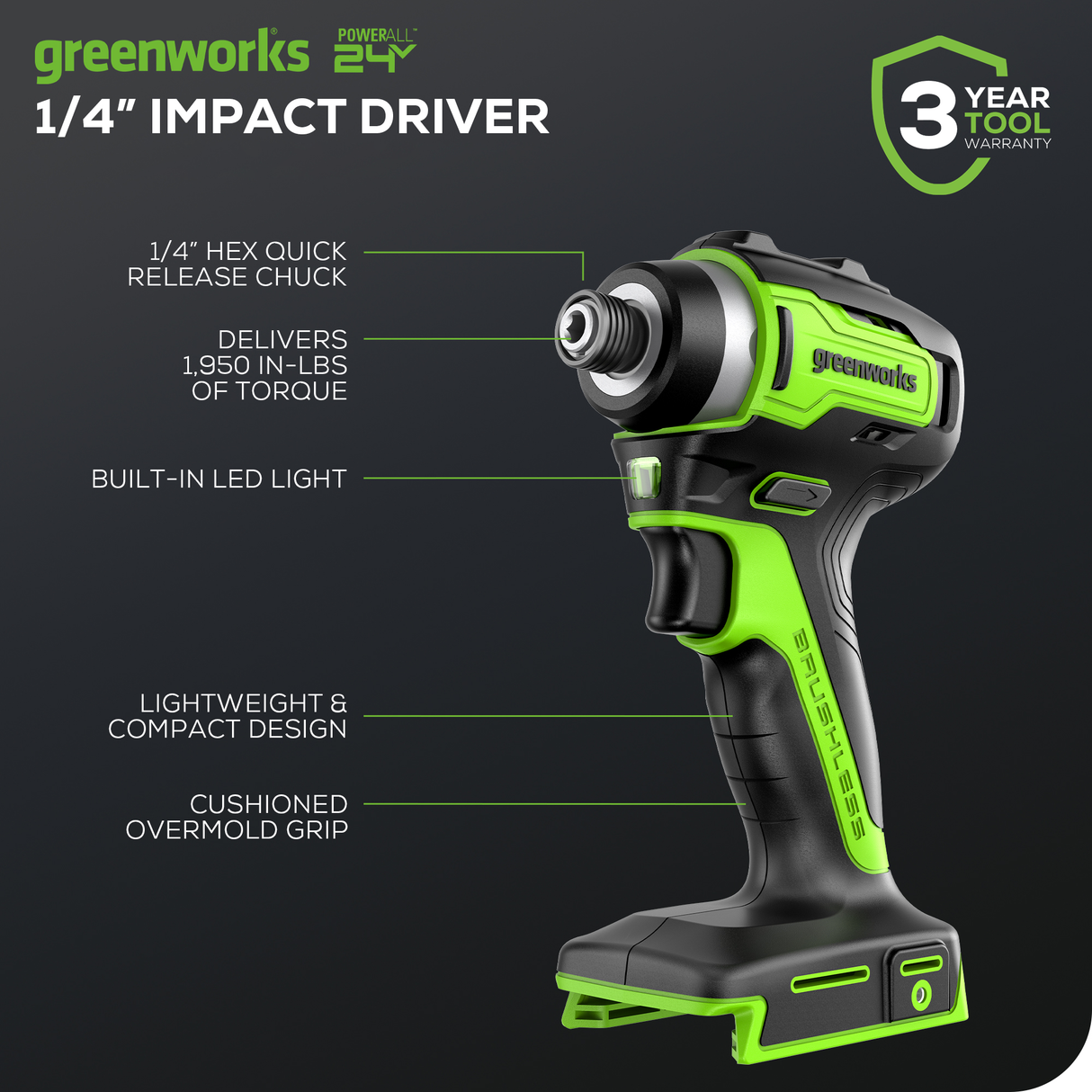 24V Brushless 1950 in./lbs Impact Driver, 1/4-inch Hex Variable Speed (Tool Only)