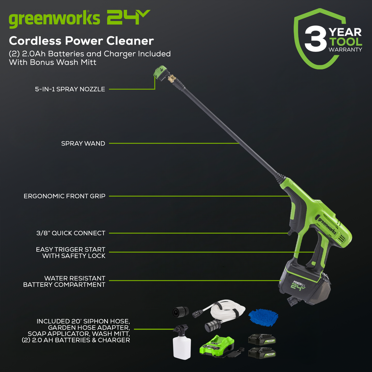Ensemble de laveuse à pression à batterie 24 V, 600 PSI (lb/po²), (2) batteries 2,0 Ah et chargeur inclus. PLUS : Gant de lavage inclus.