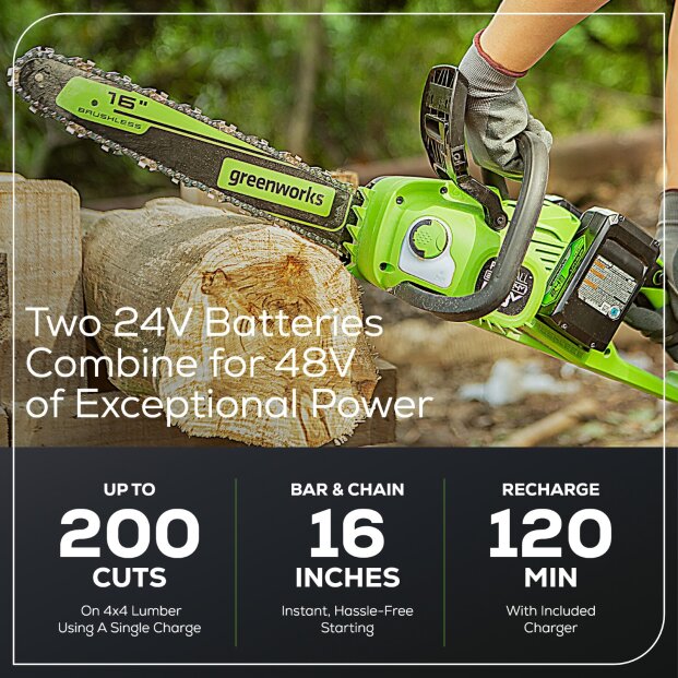 Scie à chaîne à batterie sans fil 48 V (24 V x 2), 16 pouces, (2) batteries USB 4,0 Ah et chargeur double port inclus