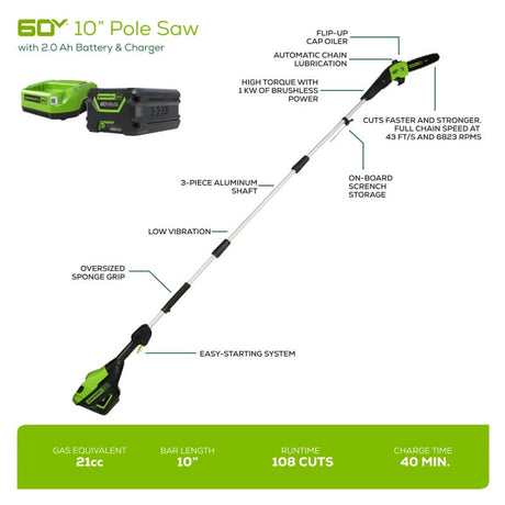 60V Gen II 10"  Brushless Pole Saw, 2.0Ah Battery & Charger Included
