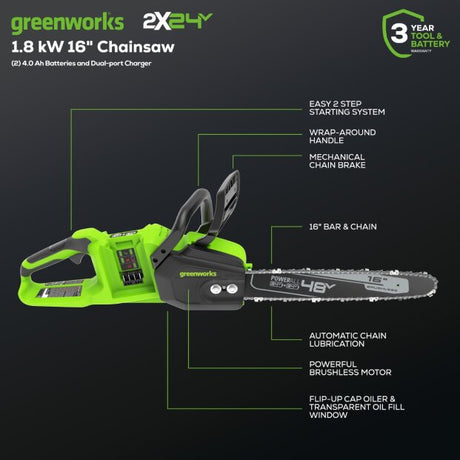 48V (2x24V) 16" Cordless Battery Chainsaw, (2) 4.0Ah USB Batteries & Dual Port Charger Included
