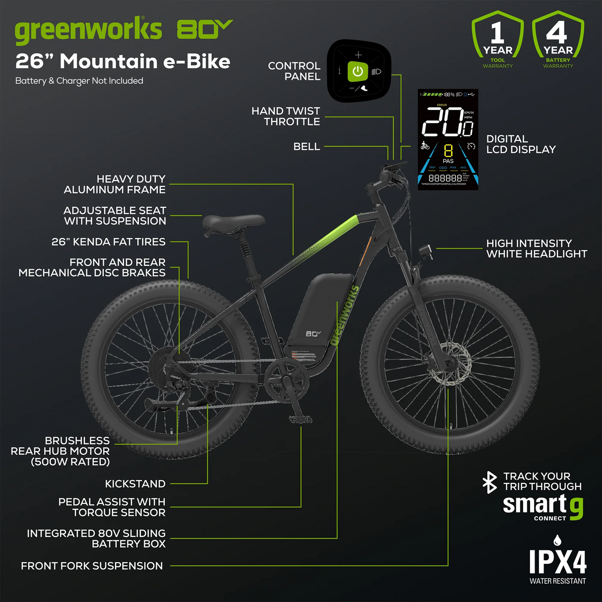 80V VENTURE Series 26” Fat Tire Electric Mountain Bike (Tool Only)