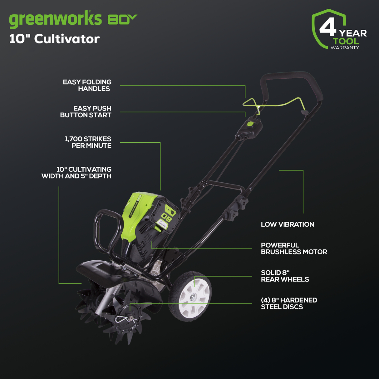 Cultivateur 80 V, 10 pouces, batterie 2,0 Ah et chargeur inclus