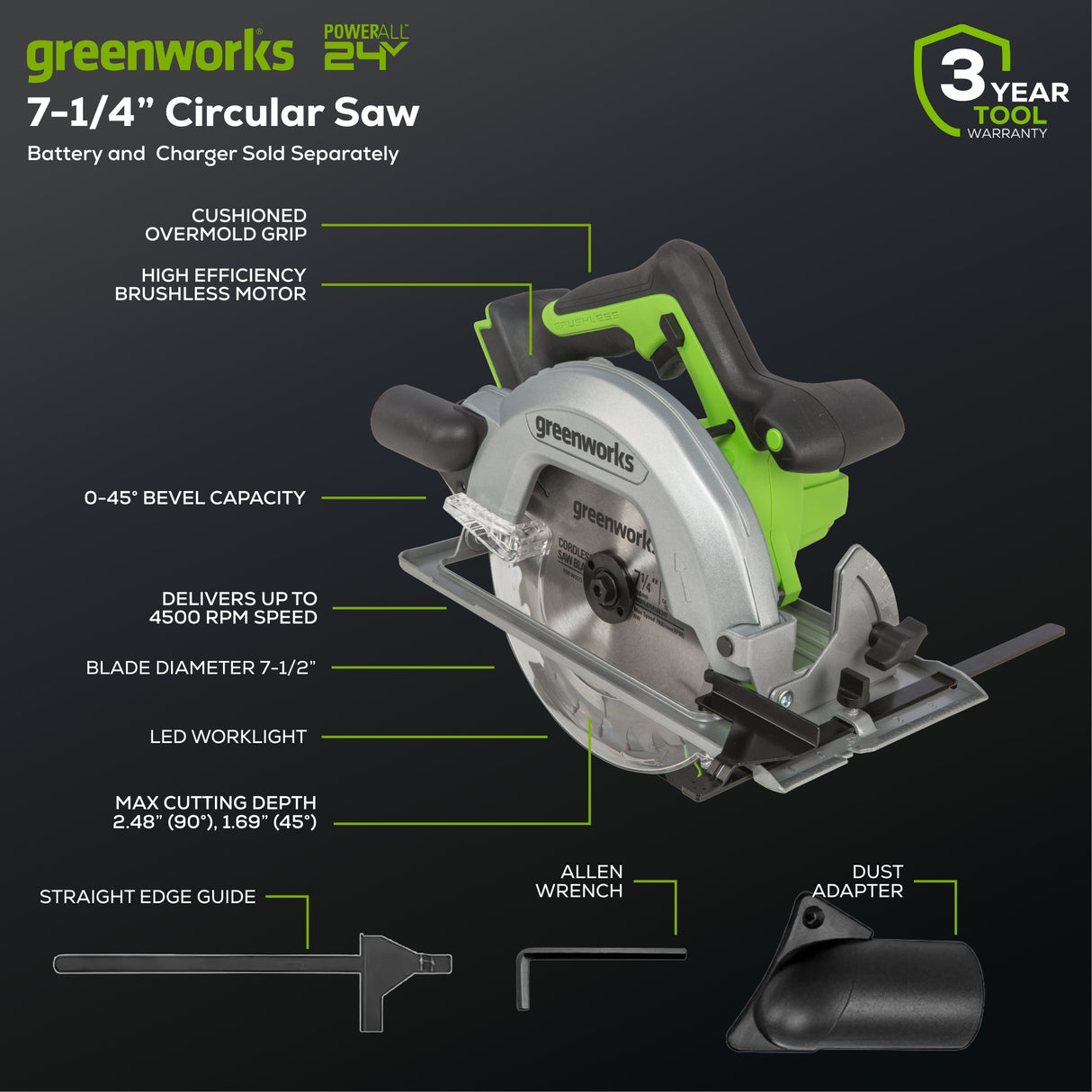 24V 7.25" Brushless Circular Saw (Tool Only) - CR24L00