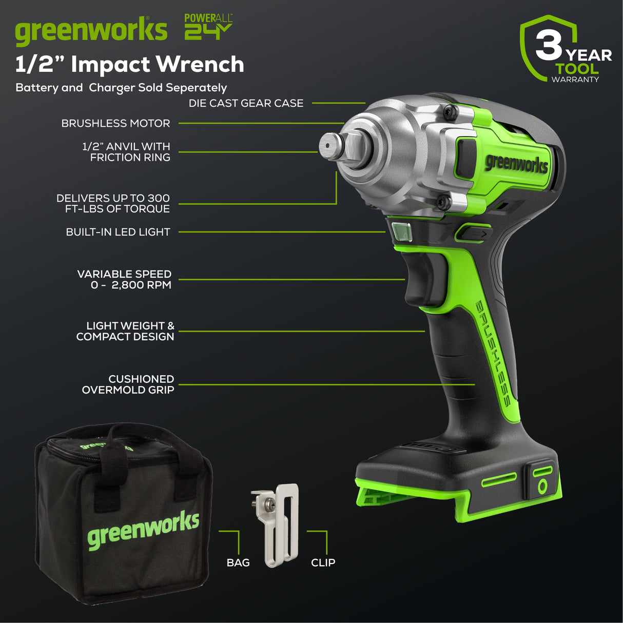 24V Brushless 1/2" Impact Wrench (Tool Only) - IW24L00