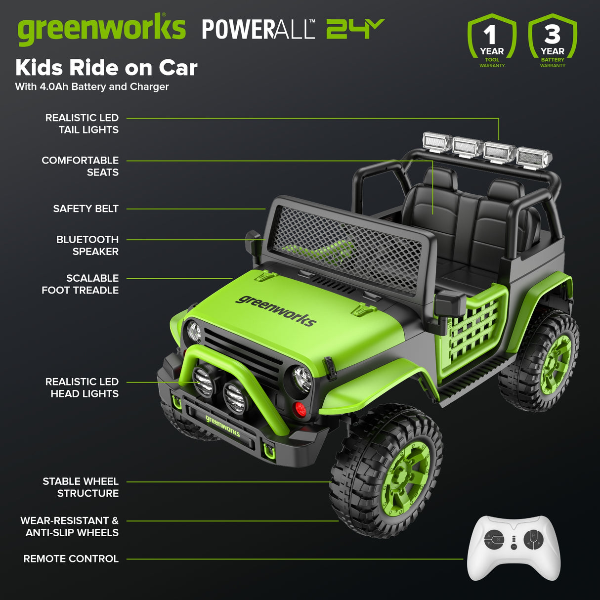 Greenworks 24V Kids Adventure Series SUV, 4.0Ah Battery and 30W Charger Included