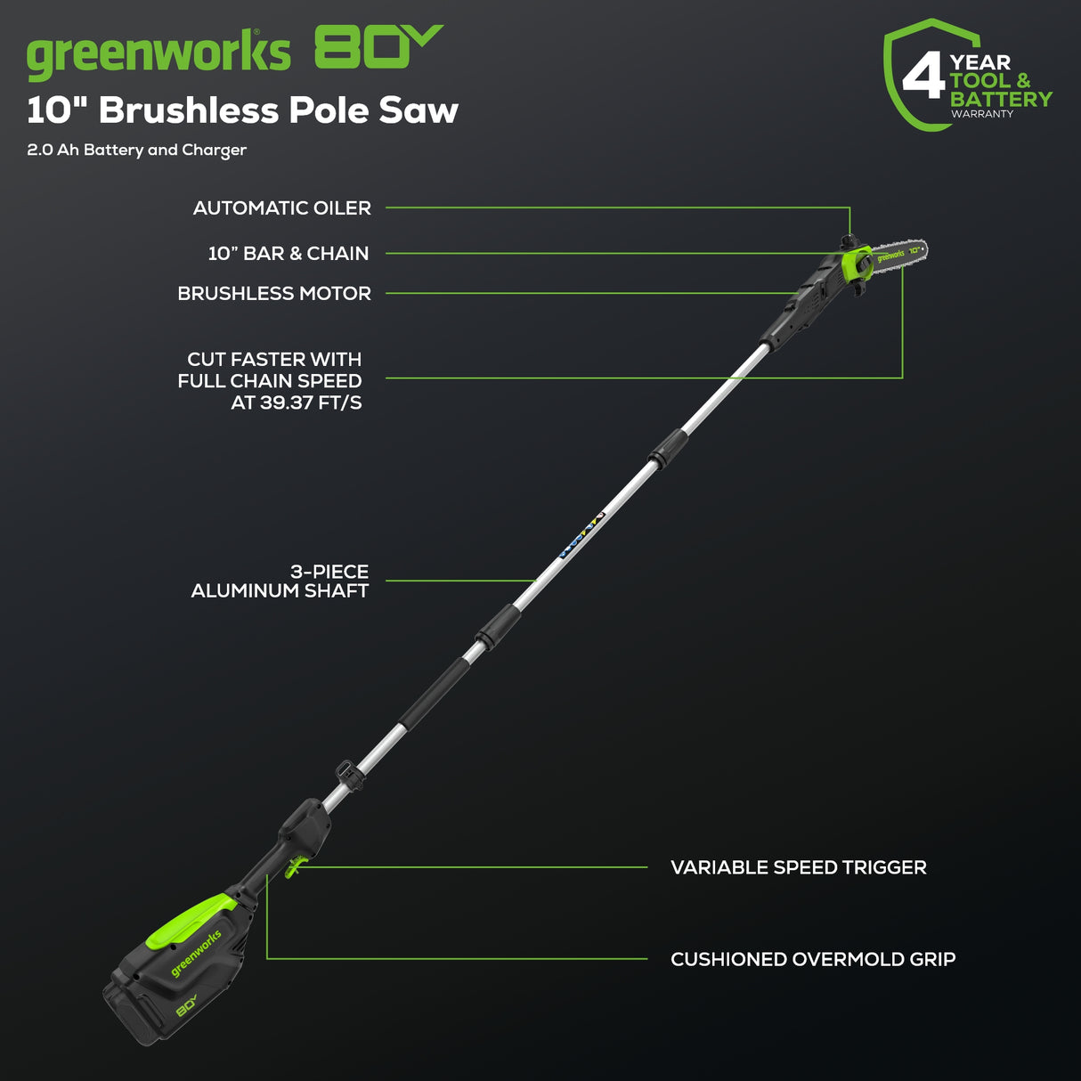 Scie à perche sans balais 80 V, 10 pouces, batterie 2,0 Ah et chargeur inclus