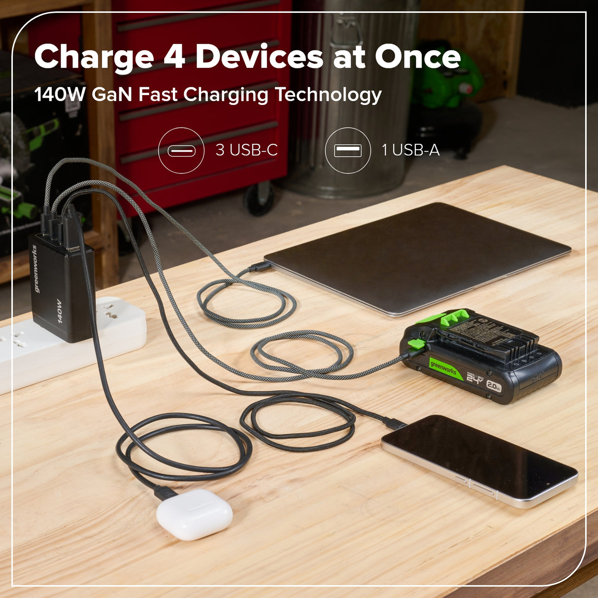 Greenworks POWERALL 140W Charger, 3x USB-C ports and USB-A Port