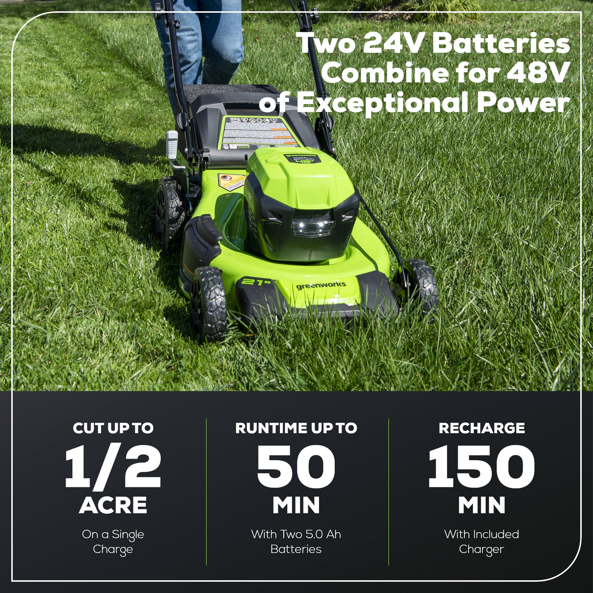 48V (24V x 2) 21" Brushless Self-Propelled Mower, (2) 5Ah USB Batteries and 4A Dual Port Charger