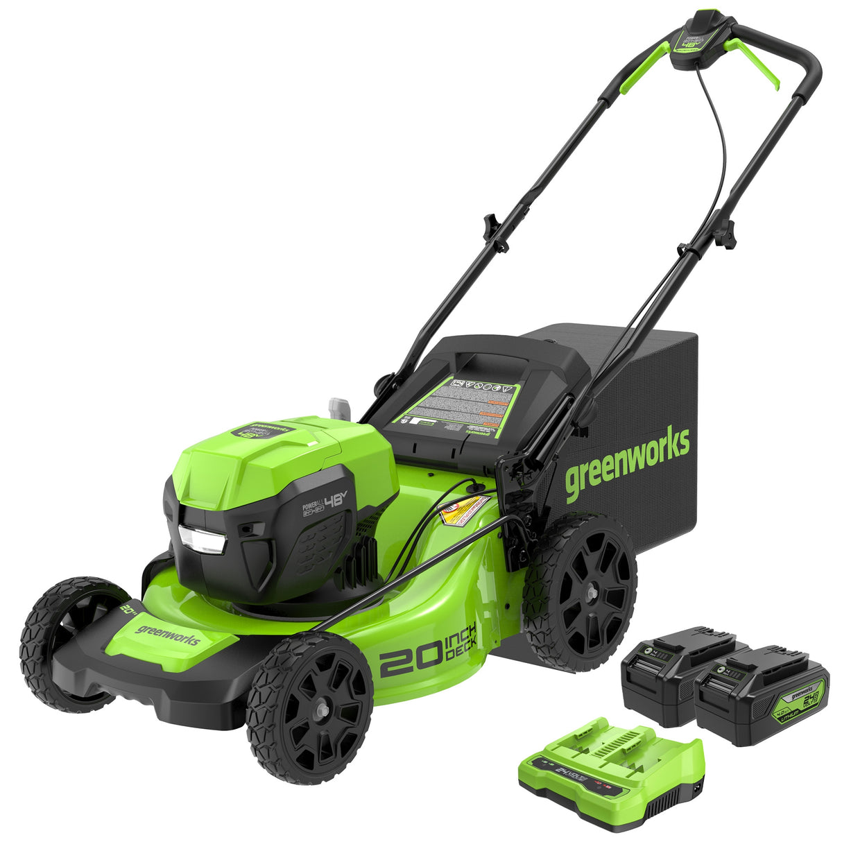 48V (24V x 2) 20" Brushless Push Mower, (2) 4Ah USB Batteries and 4A Dual Port Charger