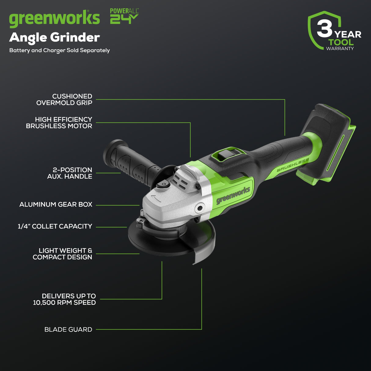 24V Brushless Angle Grinder (Tool Only) - AG24L00