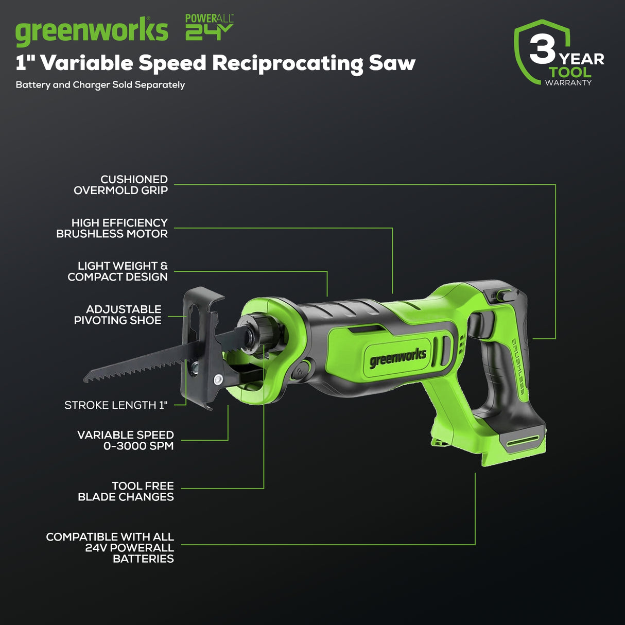 24V Brushless 1" Reciprocating Saw (Tool Only)