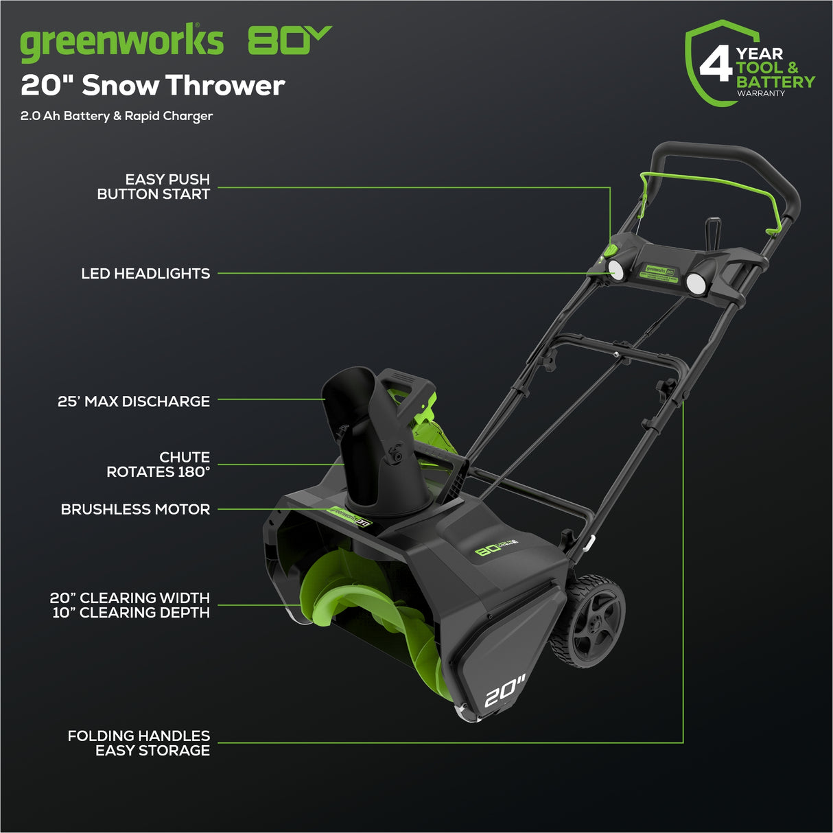 Souffleuse à neige Greenworks PRO 80 V, 20 pouces, batterie 2,0 Ah et chargeur inclus