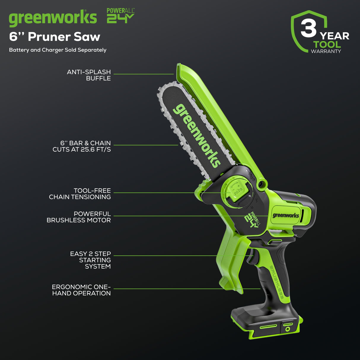 Scie d'élagage sans balais 24 V, 6 pouces (Outil seulement)
