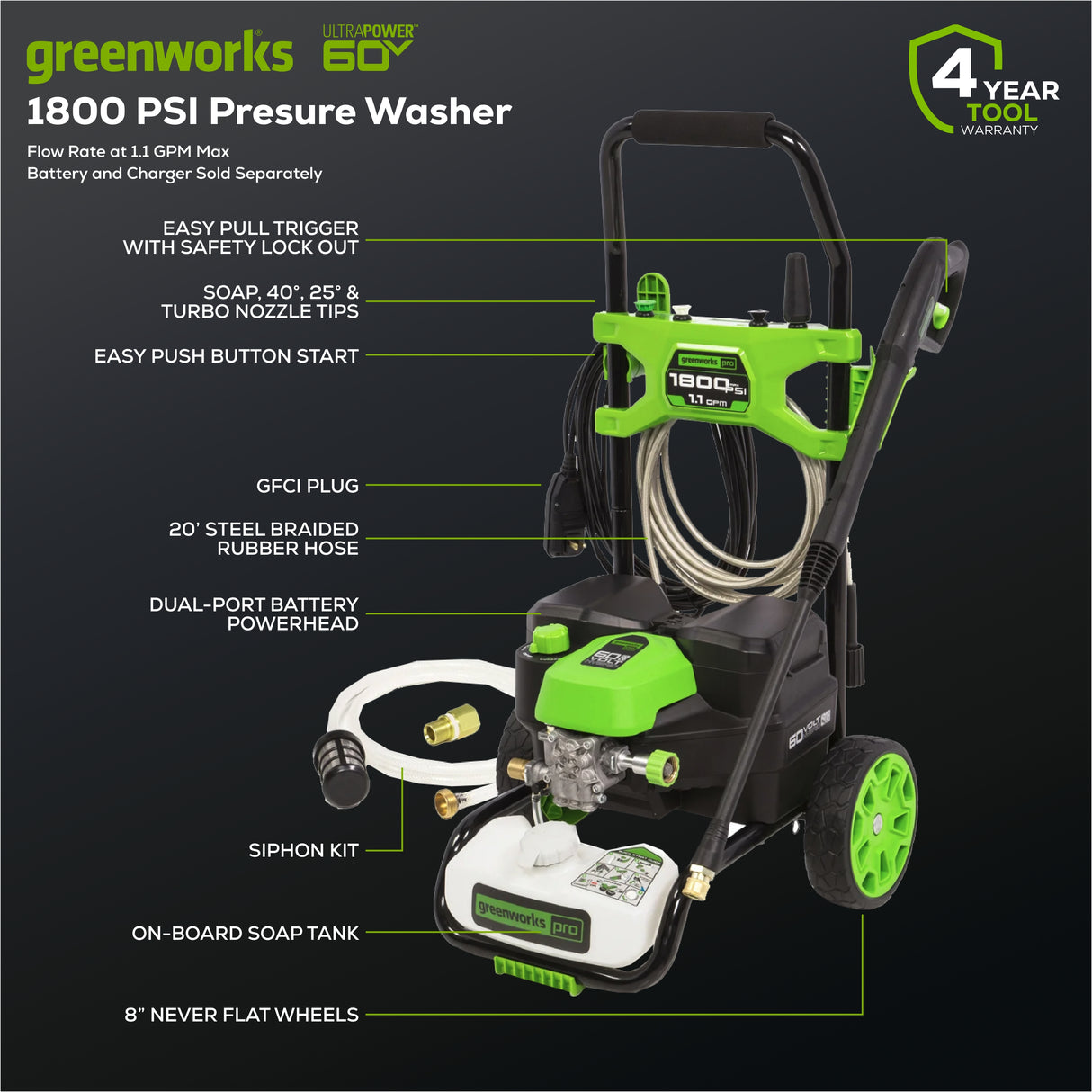 Laveuse à pression hybride 60 V, 1800 PSI (lb/po²) (Outil seulement)