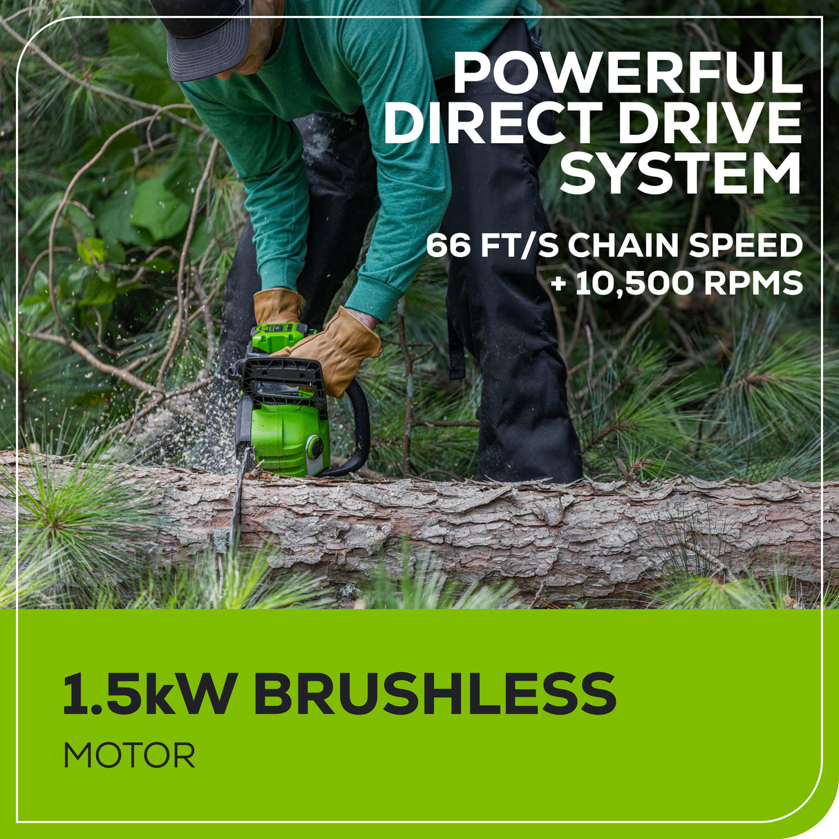 60V 16" 1.5kW Brushless Chainsaw, 2.5 Ah Battery & 3 Amp Charger Included