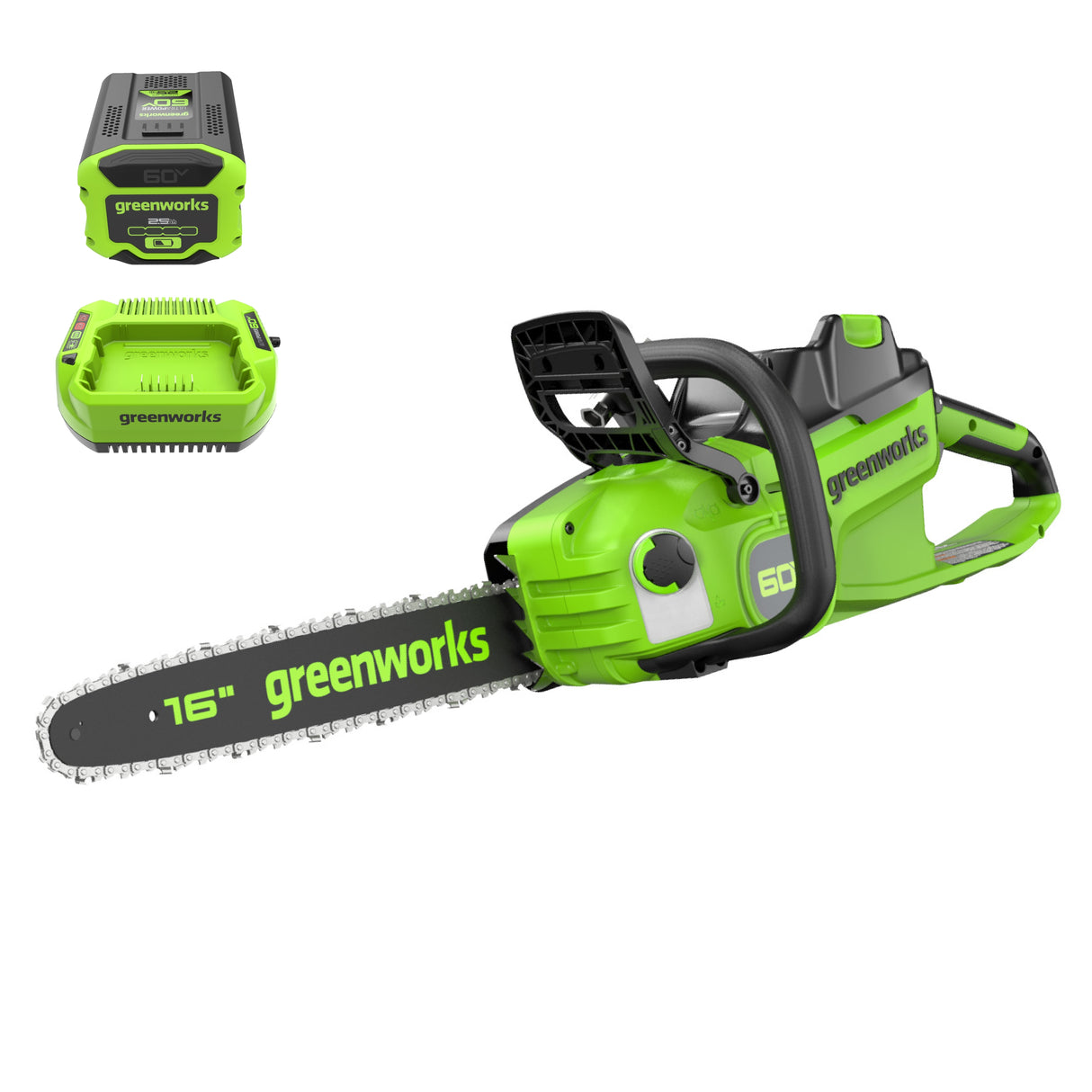 60V 16" 1.5kW Brushless Chainsaw, 2.5 Ah Battery & 3 Amp Charger Included