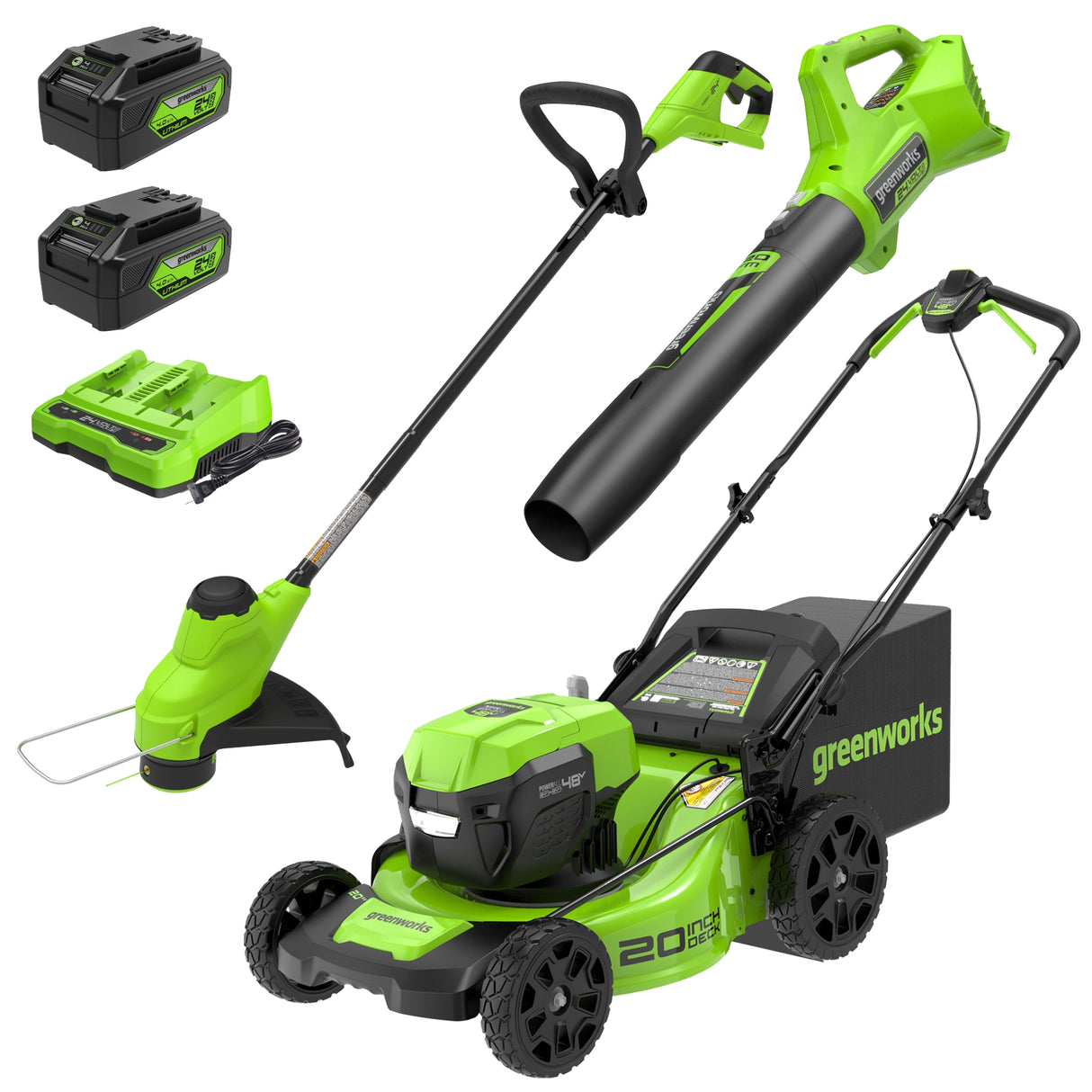 48V (24V x 2) Lawn Mower & String Trimmer & Blower Combo, (2) 4.0Ah Batteries and Dual Port Charger Included